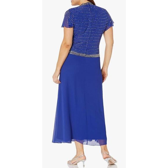 J Kara Women's Plus Size Faux Wrap Long Dress W/Flutter Sleeve - Picture 2 of 7